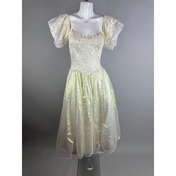 Vtg 90s Gunne Sax White Iridescent Fairycore Lace Bodice Party Prom Dress 7 - Picture 7 of 9